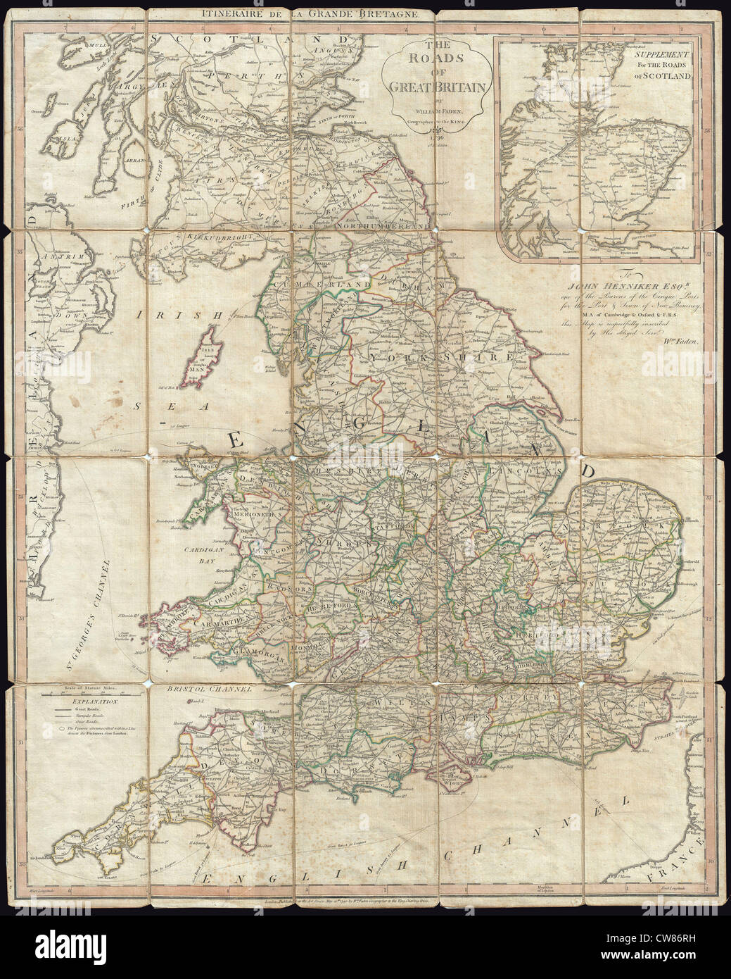 1790 Faden Carte des routes de Grande Bretagne ou Angleterre - Banque D'Images