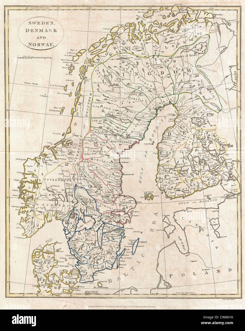 La carte Clement Cruttwell de 1799 illustre la configuration politique et géographique de la Suède, du Danemark et de la Norvège à la fin du XVIIIe siècle. Banque D'Images