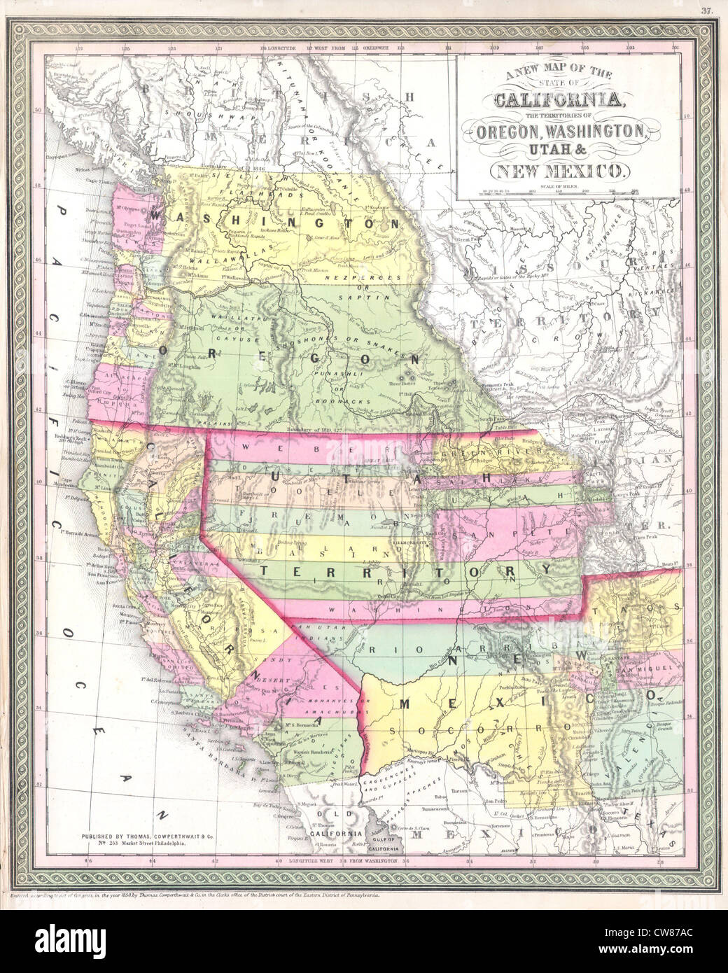 La carte Mitchell de 1853 illustre la configuration géographique de la Californie, de l'Oregon, de Washington, de l'Utah et du Nouveau-Mexique au milieu du XIXe siècle. Il sert de représentation historique de ces territoires. Banque D'Images