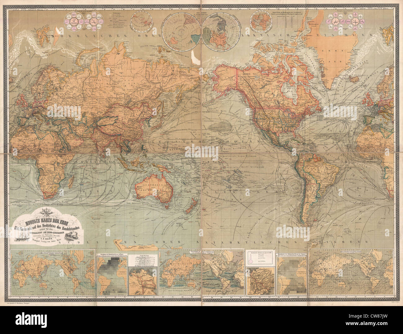 1870 Baur et Bromme carte du monde sur la projection de Mercator Banque D'Images