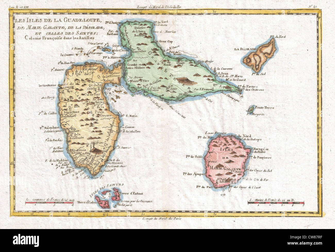 La carte Raynal et bonne de 1780 de la Guadeloupe, Antilles, fournit une description historique détaillée de la géographie et des territoires coloniaux de la région. Banque D'Images