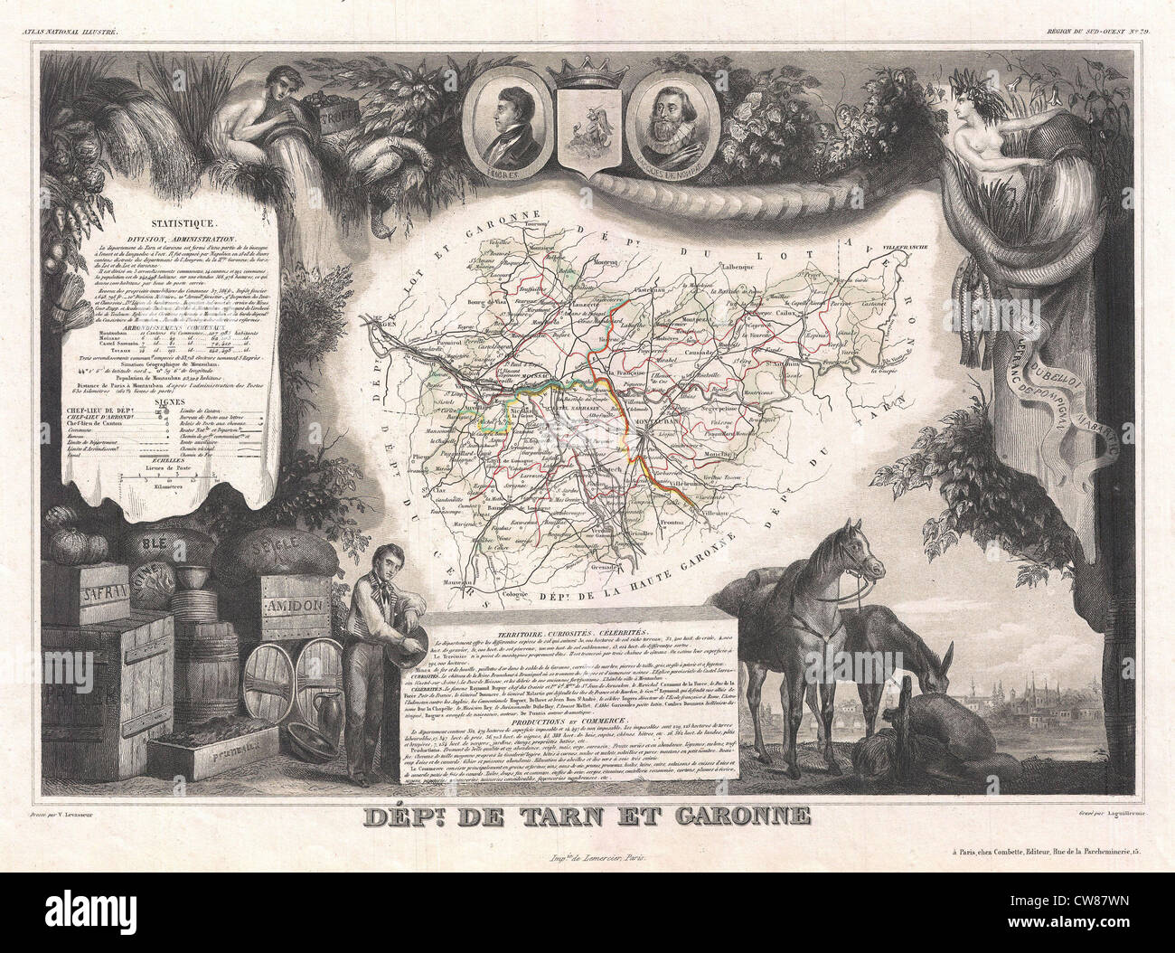 1852 Carte Levasseur du département de Tarn et Garonne, France Banque D'Images