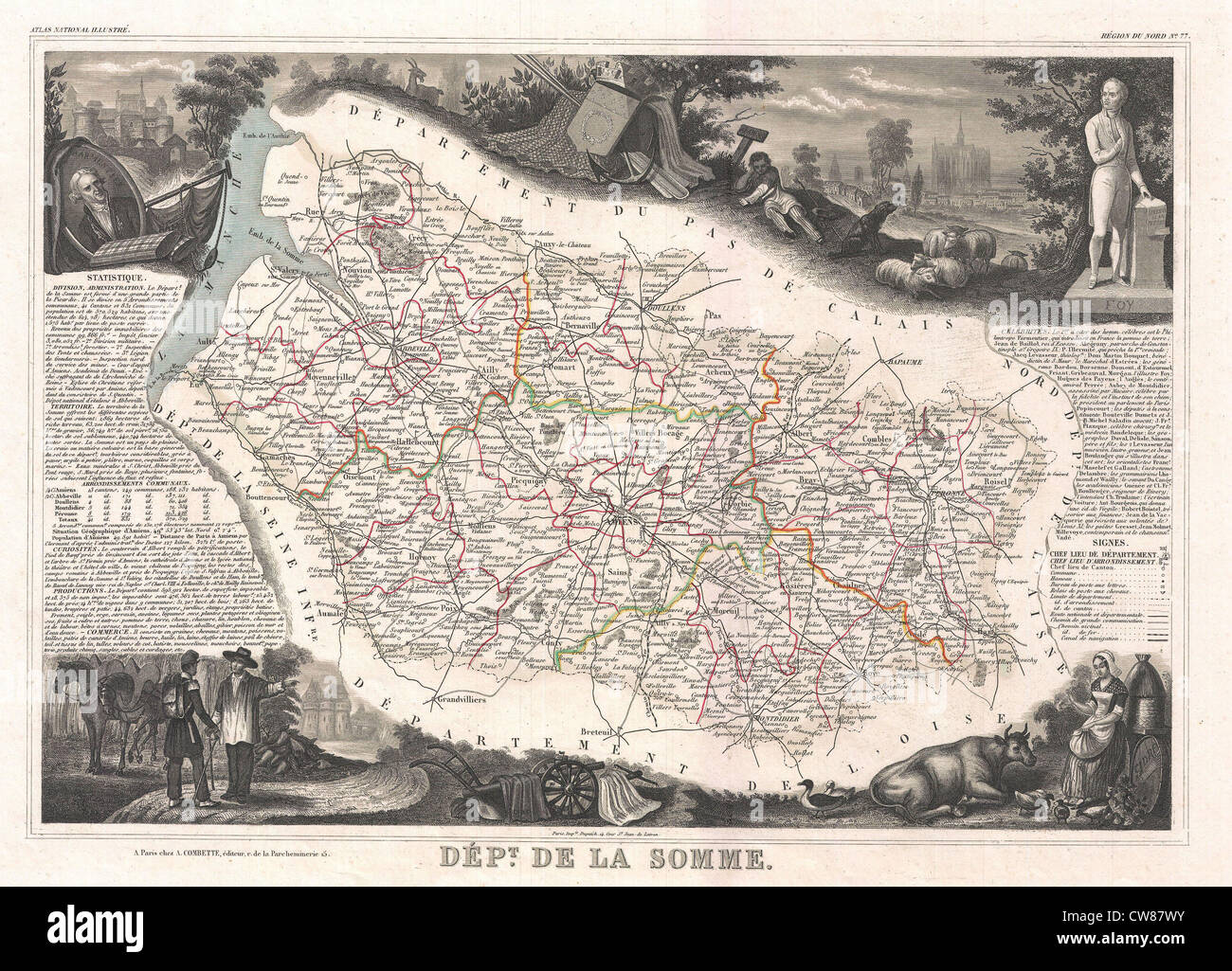 La carte Levasseur de 1852 du département de la somme en France offre une représentation historique de la géographie et des infrastructures de la région. Banque D'Images