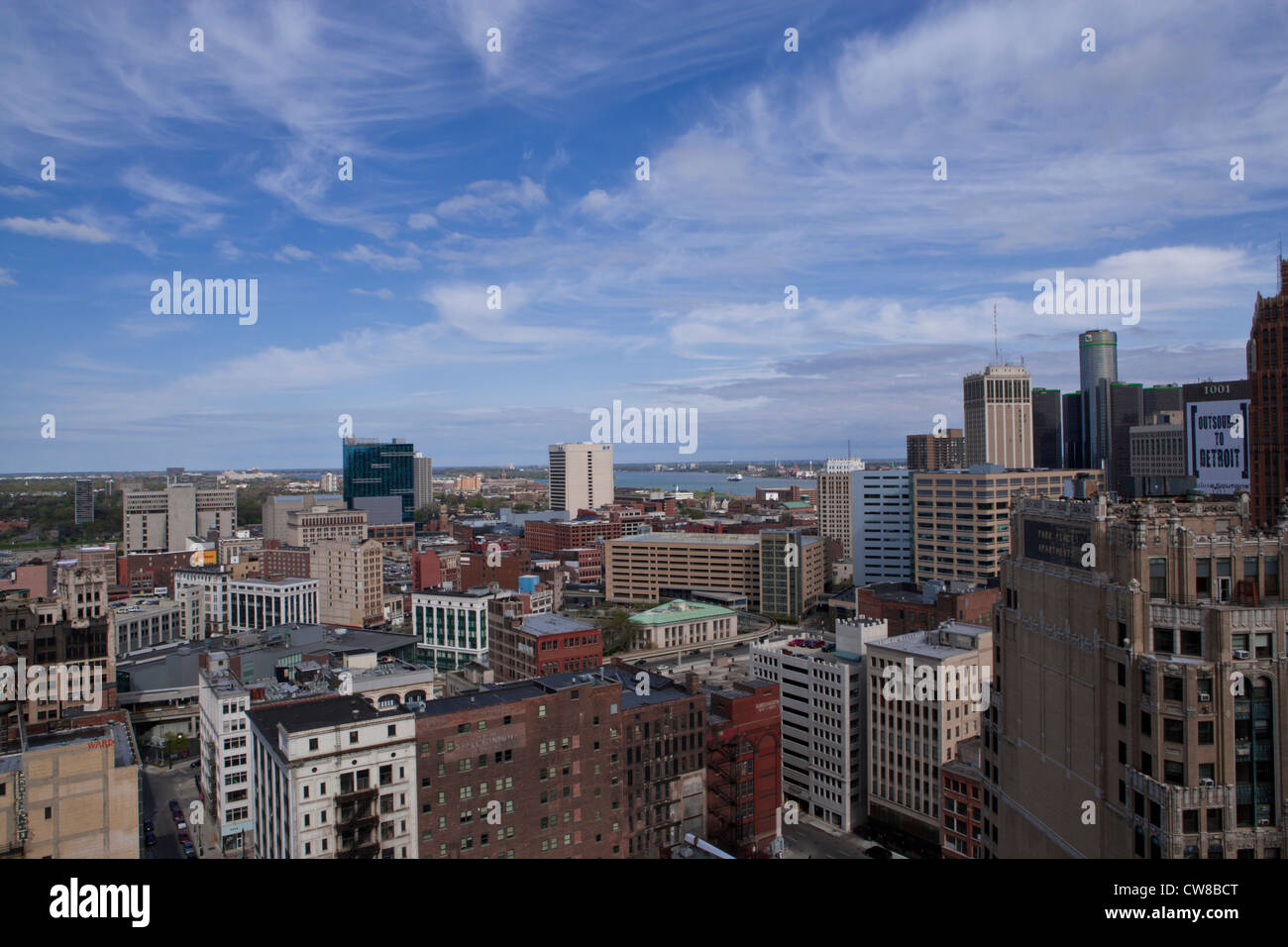 Ville de Detroit à l'Est, vers la rivière Détroit. Banque D'Images