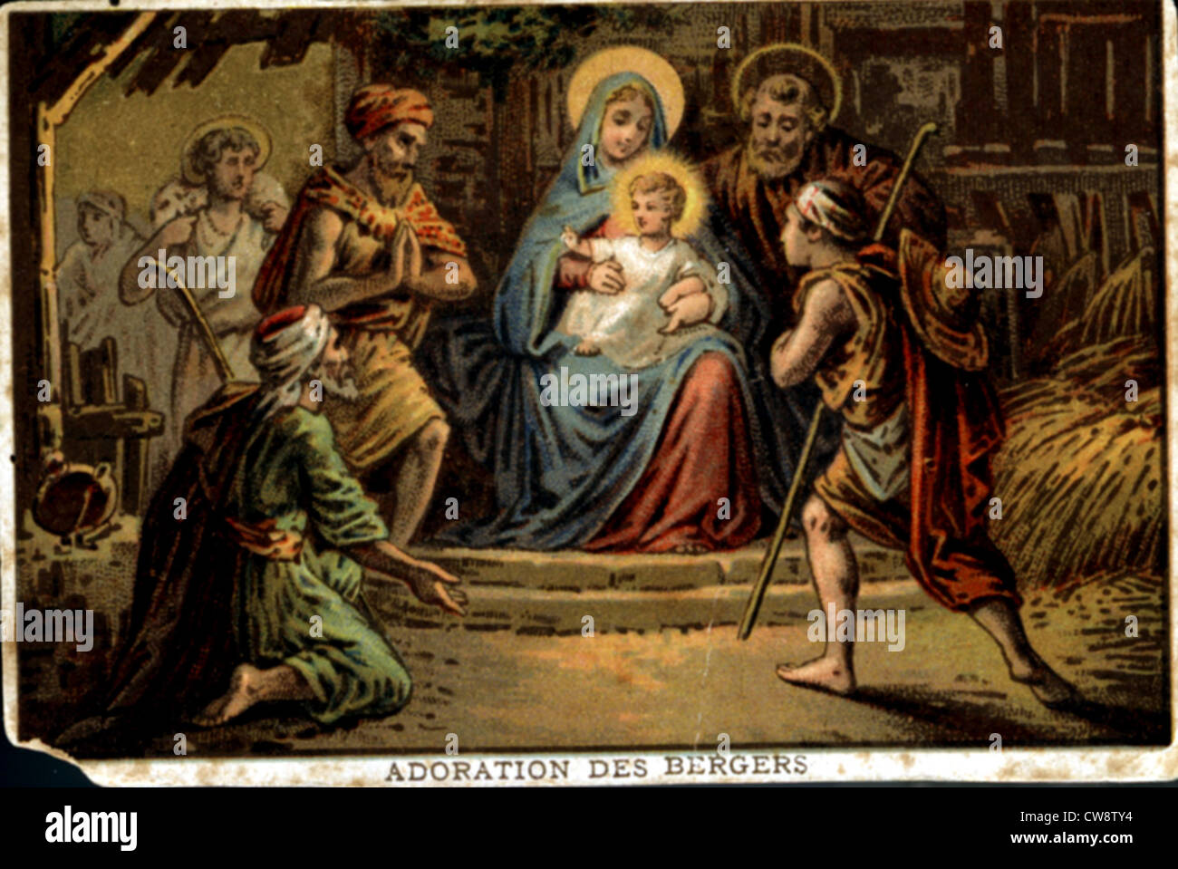 Lithographie couleur : Nativité - Adoration des bergers Banque D'Images