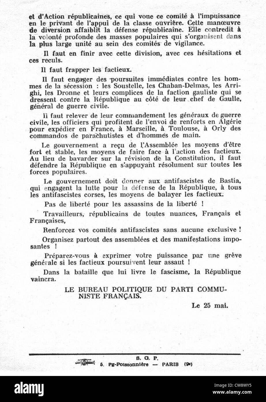 Tract Parti communiste français après le complot des généraux Banque D'Images