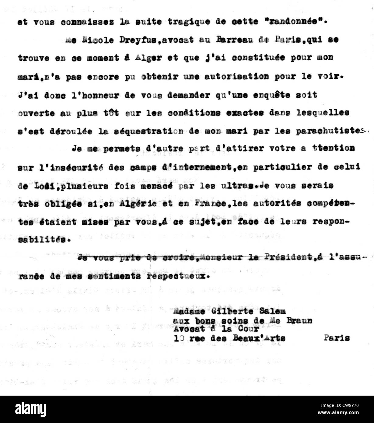 Lettre de Giberte Alleg au Président République française après l'arrestation de son mari Maurice Audin Banque D'Images