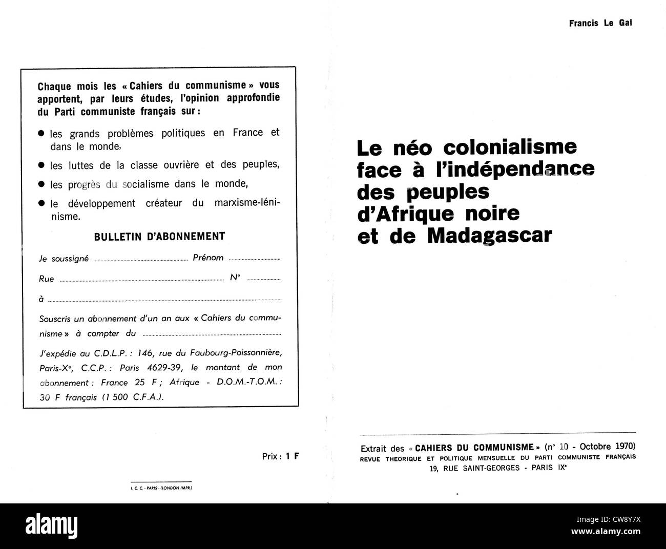 Parti Communiste Français Magazine. 'Néo- colonialisme à l'indépendance face à l'Afrique Noire Madagascar personnes' Banque D'Images