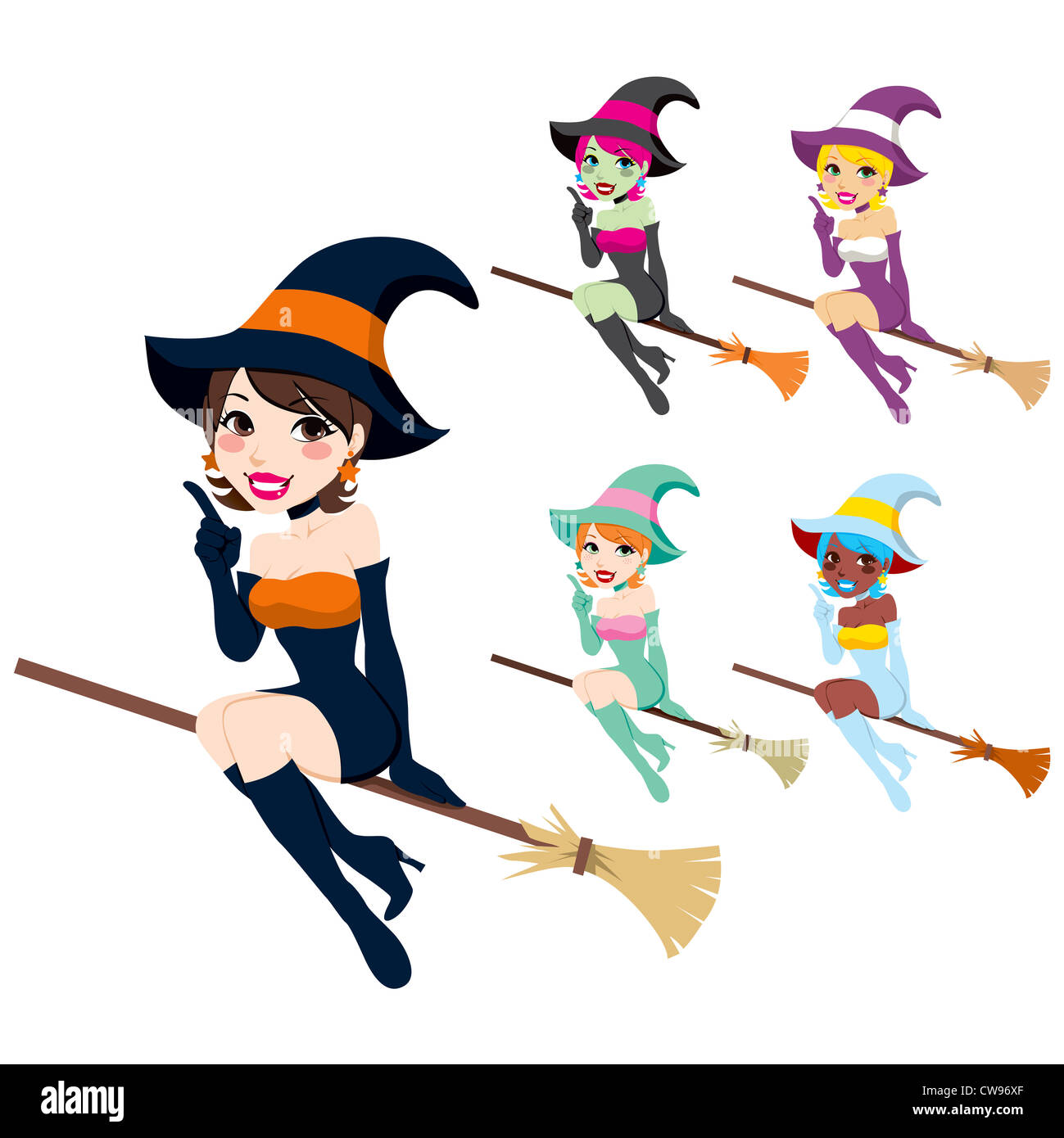 Collection de belles femmes avec des costumes d'Halloween sorcière en différentes couleurs Banque D'Images