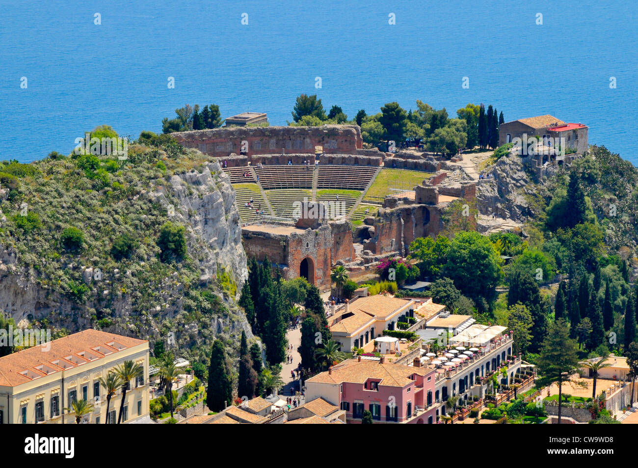 Théâtre Romain grec Taormina Sicile Mer Méditerranée Island Banque D'Images Théâtre Romain grec Taormina Sicile Mer Méditerranée Island Banque D'Images