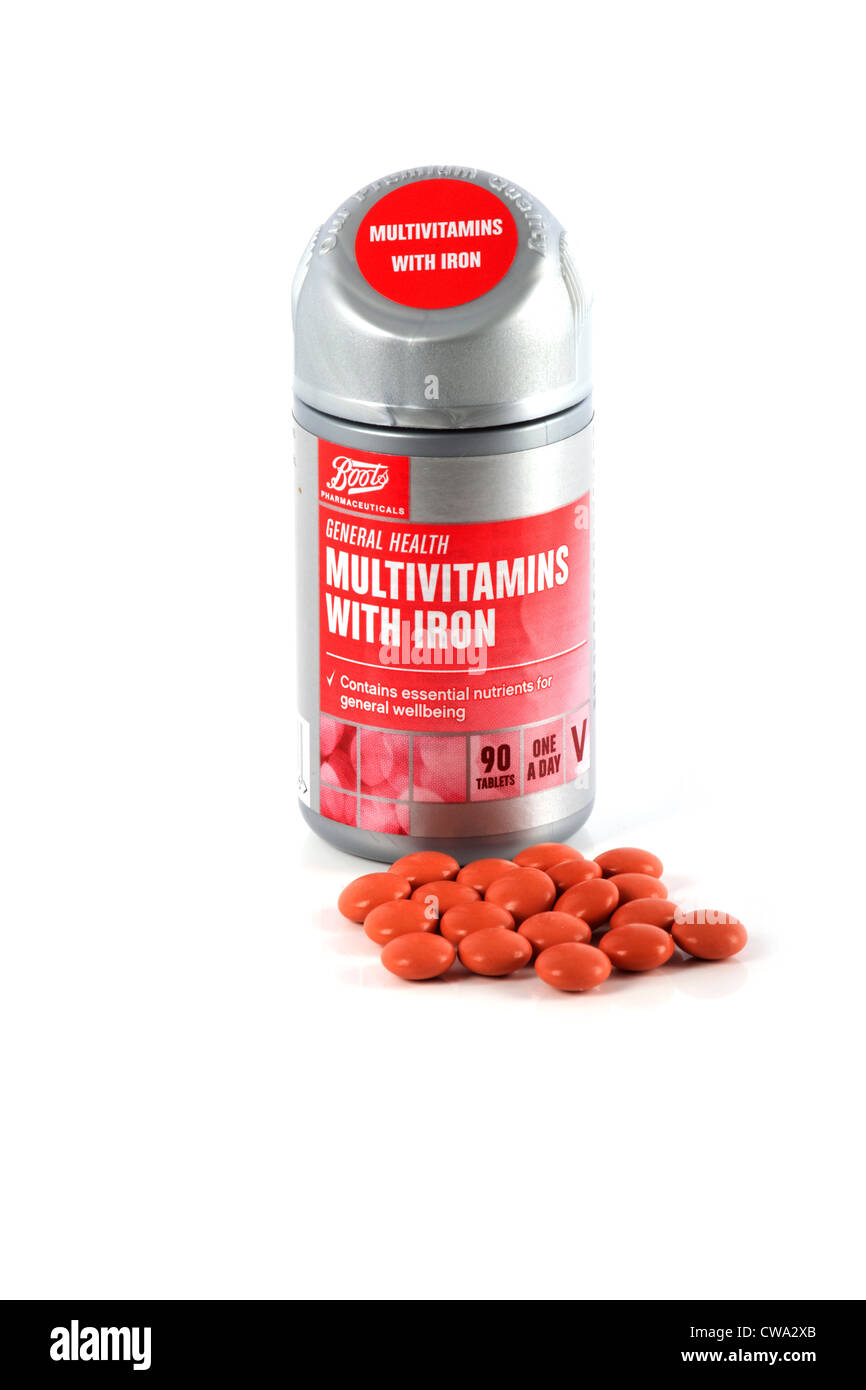 Multi Vitamines, en fer isolé sur fond blanc Banque D'Images