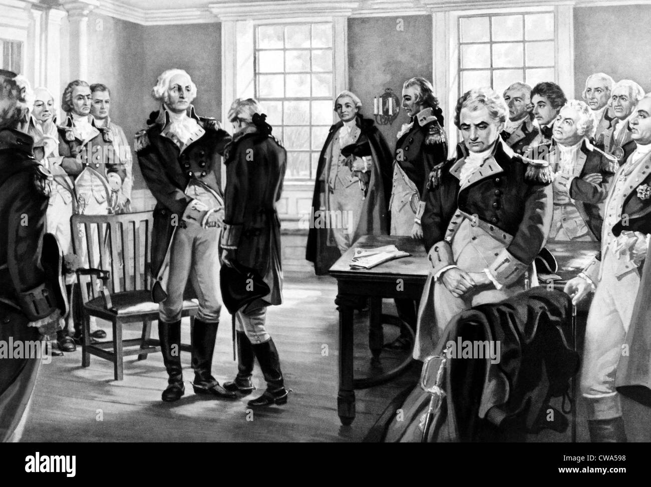 George Washington dit adieu à ses troupes à Fraunces Tavern, New York, 1783. Peinture de Hintermeister. Avec la permission de : CSU Banque D'Images