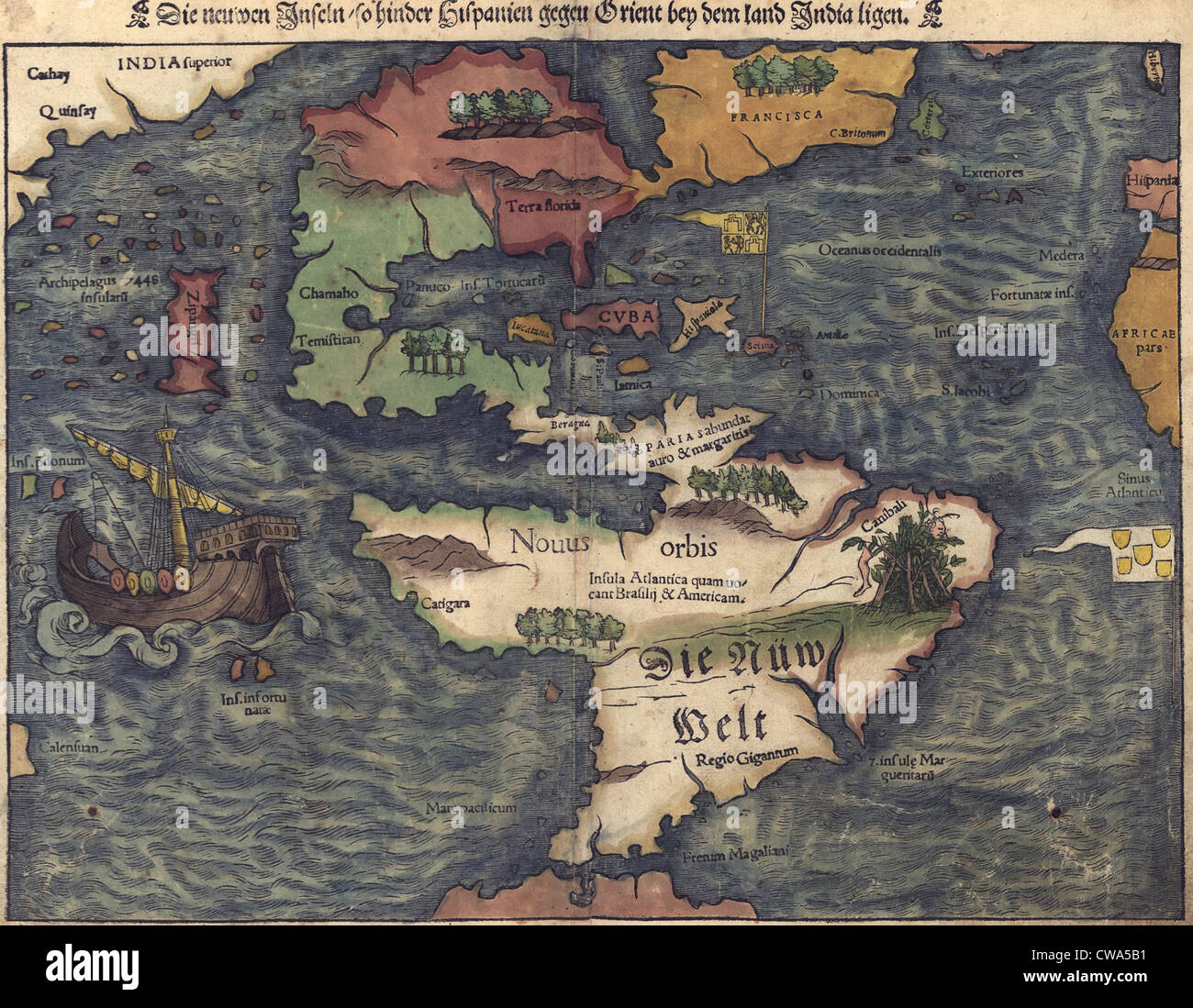 1550 carte de Suisse de l'hémisphère occidental nouvellement découvert. La mer des Caraïbes est très gros, la plupart d'Amérique du Nord est Banque D'Images