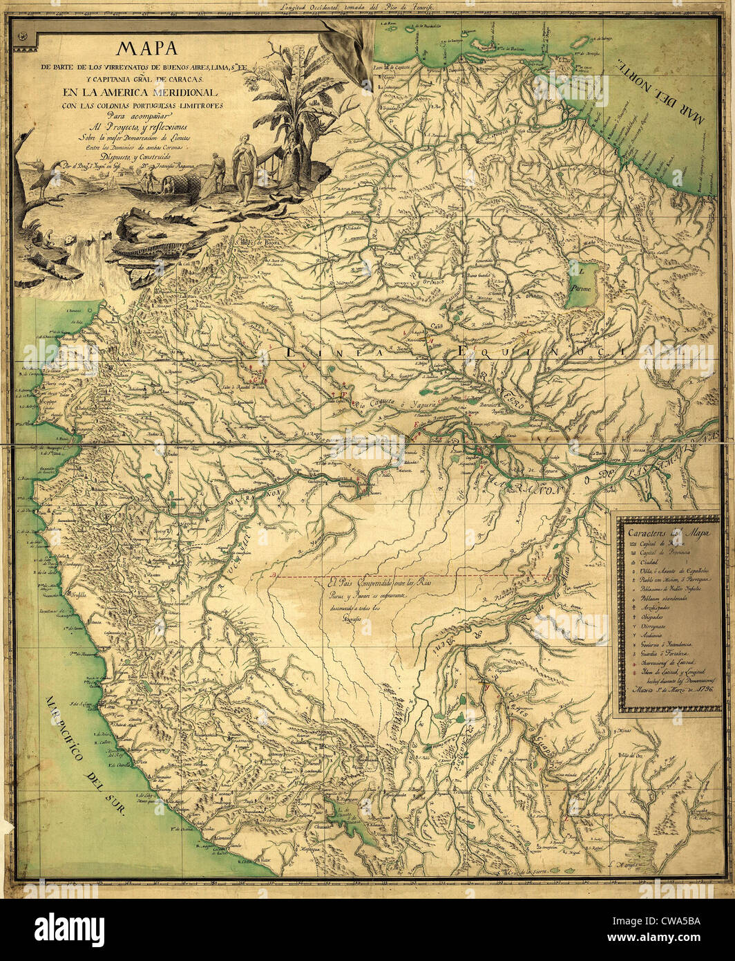 1896 site du nord-ouest de l'Amérique du Sud, montrant l'ouest du bassin amazonien. Cartouche montre les indigènes d'Amérique du Sud et d'animaux. Banque D'Images