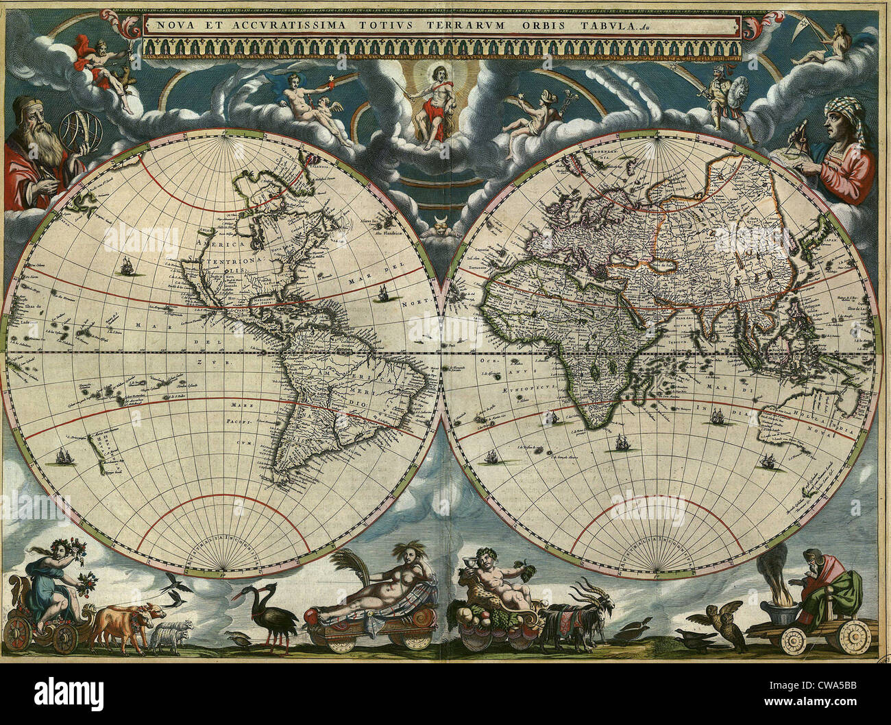 1664 carte du monde néerlandais est richement décoré, et montre clairement les hémisphères est et ouest. Les régions polaires ne sont pas définis, Banque D'Images