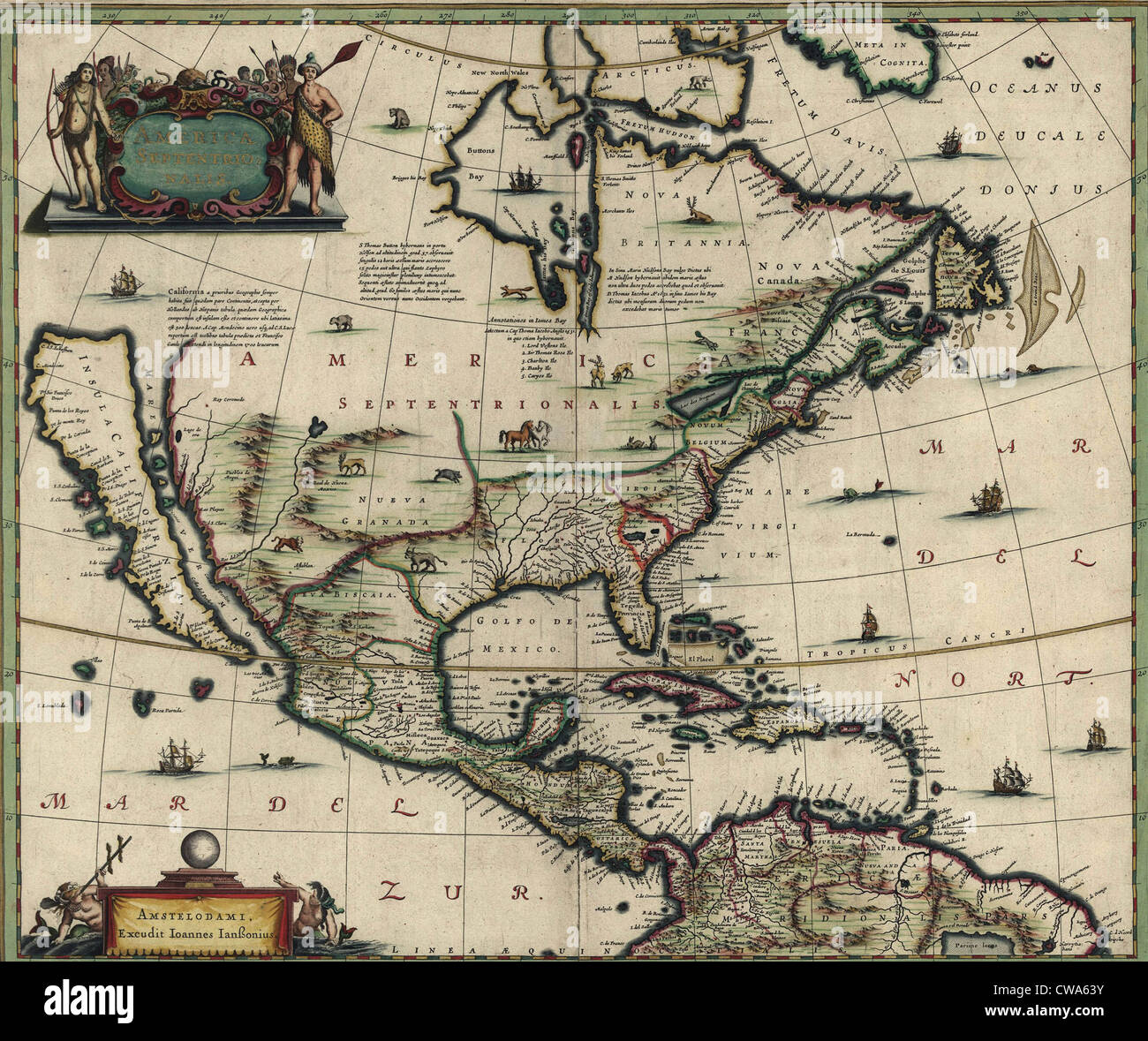 Carte d'Amérique du Nord créée en 1652 montrant la Californie comme une île. Possessions espagnoles au Mexique, en Amérique centrale et du Sud Banque D'Images