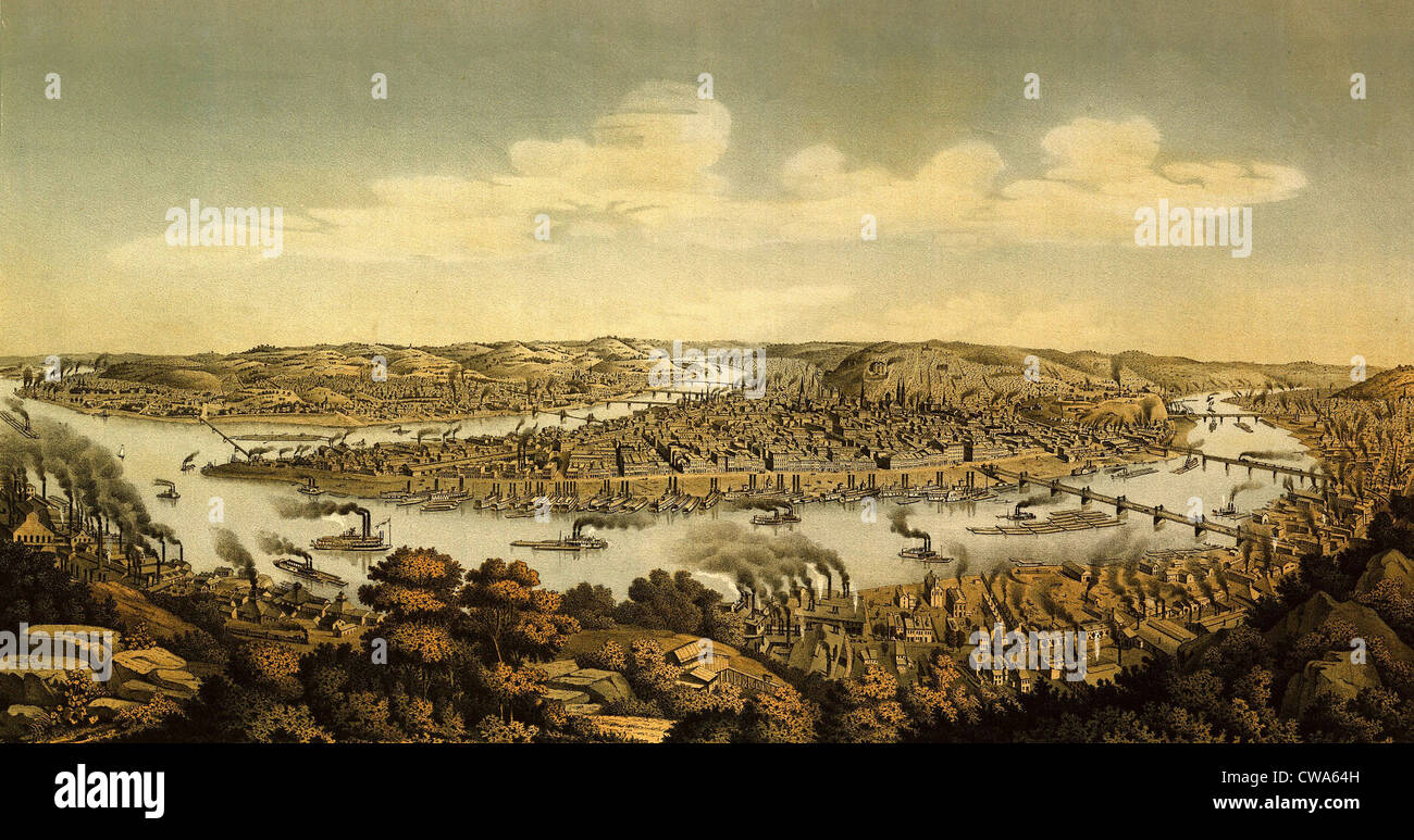 1874 Vue de Pittsburgh, en Pennsylvanie, au confluent des rivières Monongahela et Allegheny. Banque D'Images