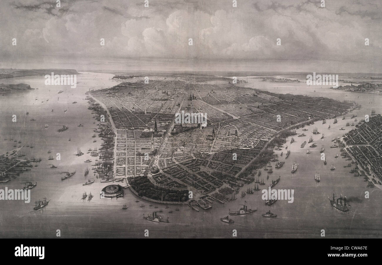 1851 Vue d'ensemble de New-York, à au nord par rapport à la longueur de Manhattan, avec Battery Park et dans le jardin du château Banque D'Images