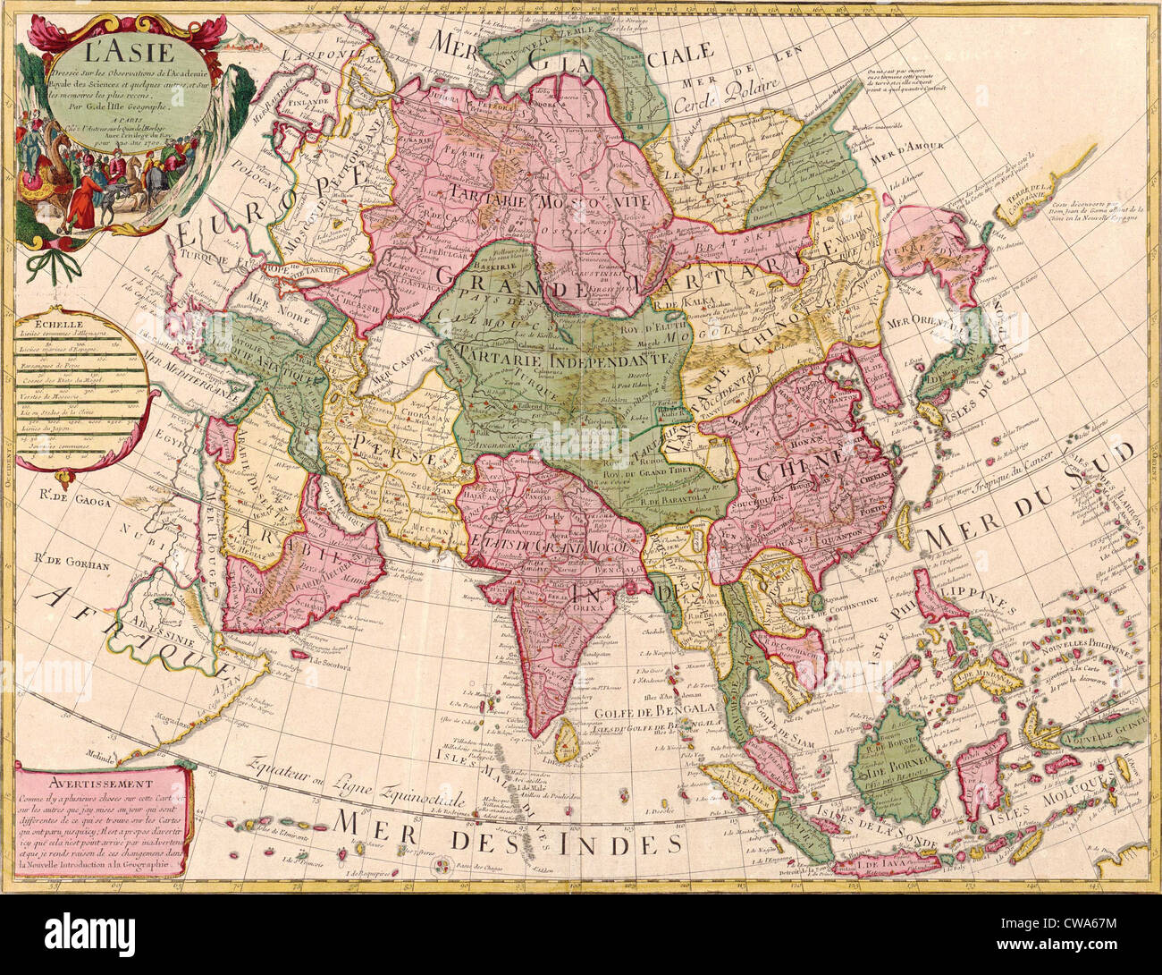 1700 Le Français Plan de continent asiatique et des îles des Indes orientales. Asie centrale et occidentale sont occupés par les Tatars. Banque D'Images