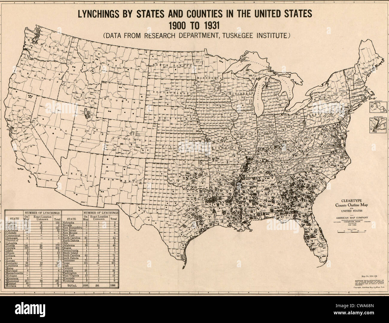 La carte 1931, basé sur la recherche statistique de l'Institut Tuskegee, spectacles de lynchage par les États et les comtés aux États-Unis, Banque D'Images