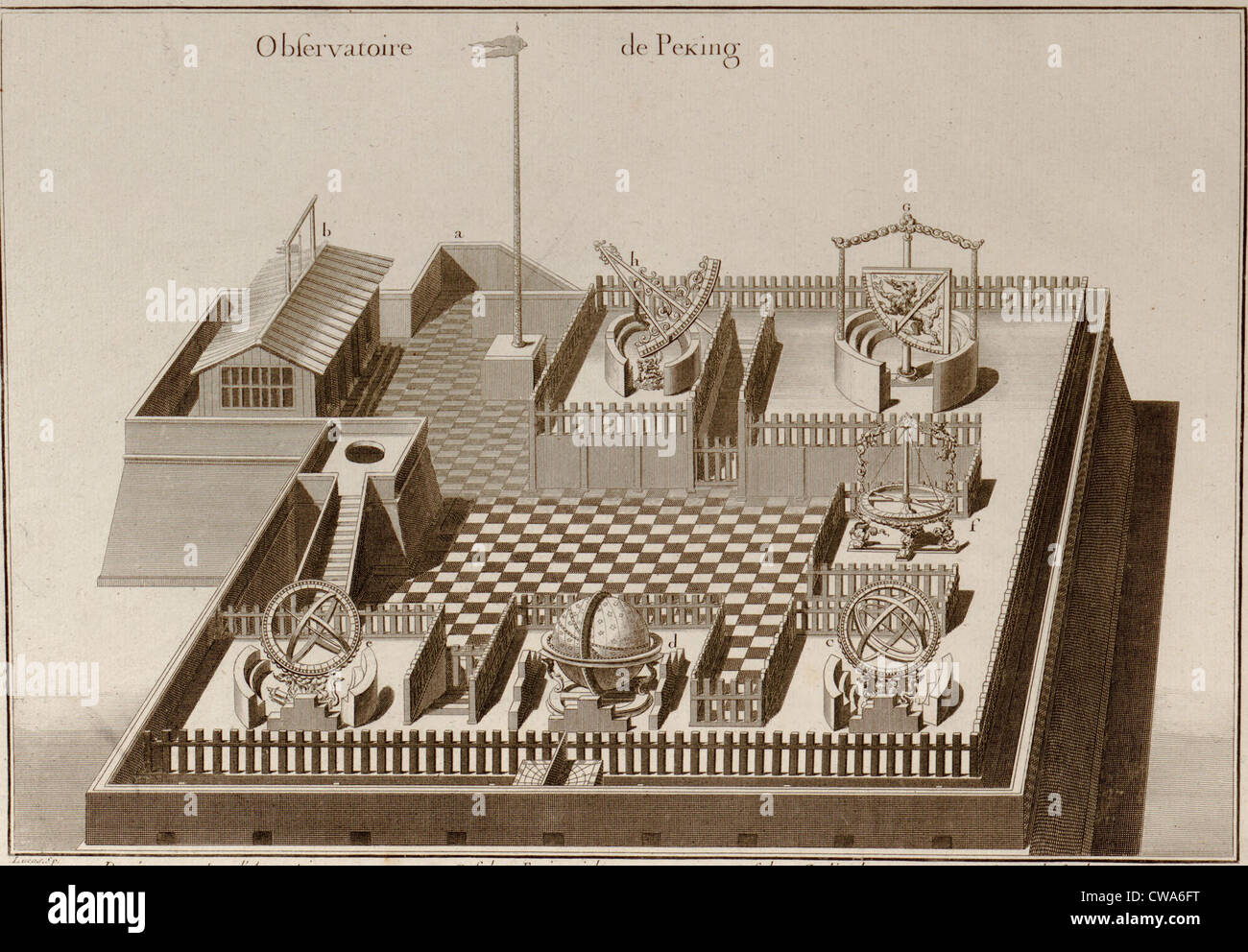 L'Observatoire de Beijing 1674,à partir d'une gravure. Les instruments sont similaires à ceux utilisés en Europe. Six instruments astronomiques, Banque D'Images