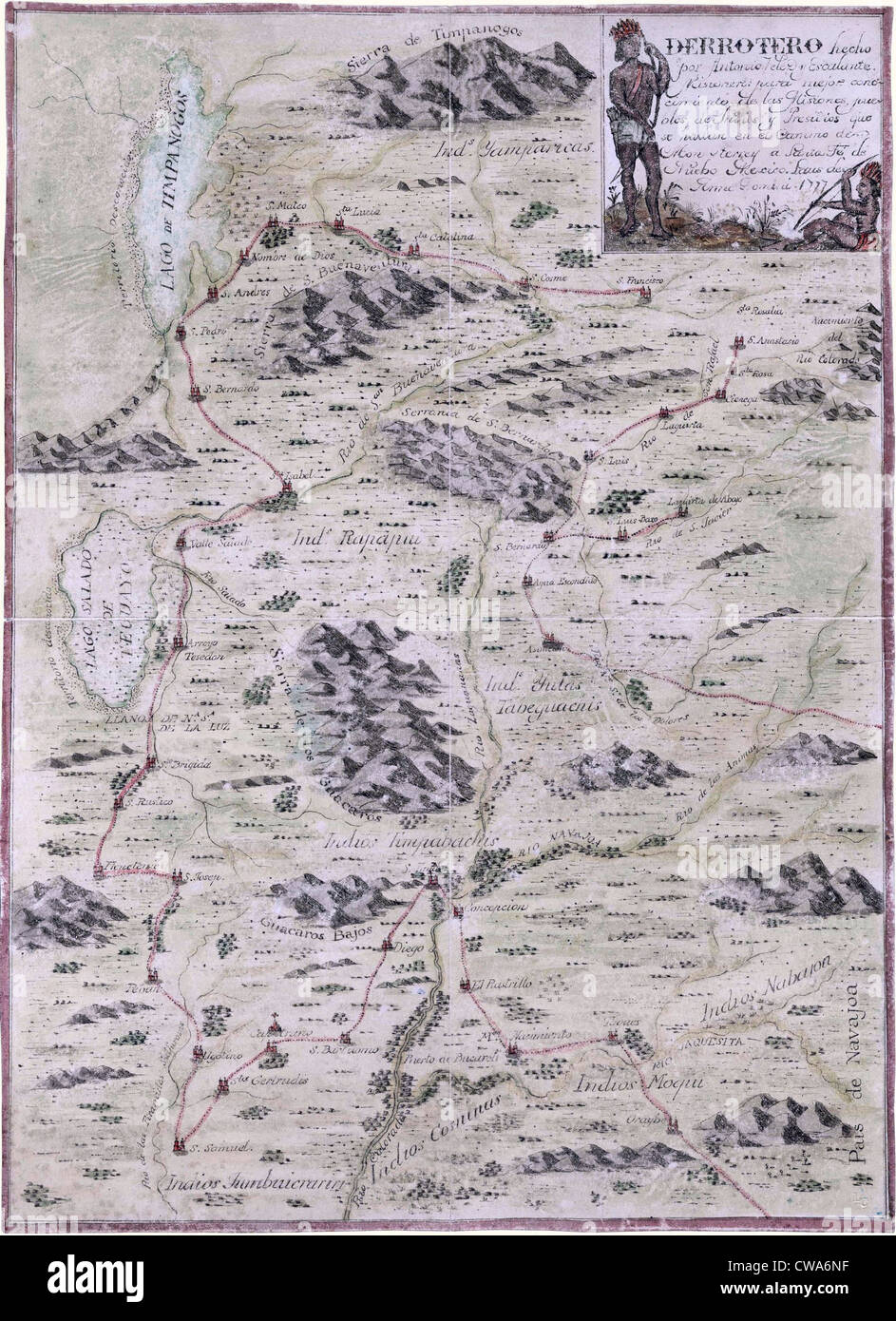 1777 La carte qui couvre les articles du Colorado, l'Utah, l'Arizona et du Nouveau Mexique, montrant l'espagnol, les missions, les rivières et les Pueblos indiens Banque D'Images