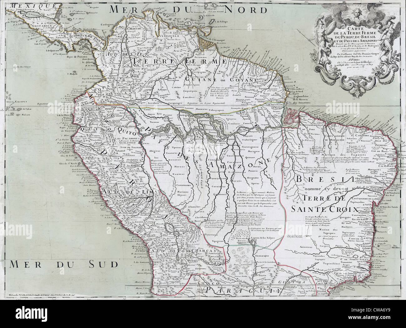 1745 site du nord du continent sud-américain, montrant les noms de lieu colonial pour le Brésil, Paraguay, Pérou, Panama, Venezuela que Banque D'Images