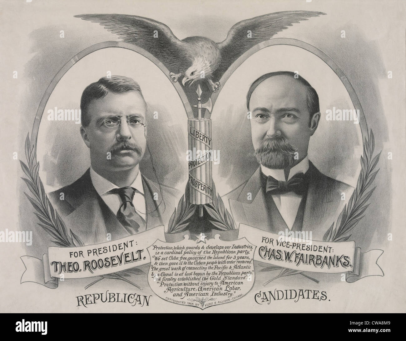 L'affiche de campagne de 1904 candidats républicains à la présidence. Theodore Roosevelt et Charles W. Fairbanks pour Vice Banque D'Images