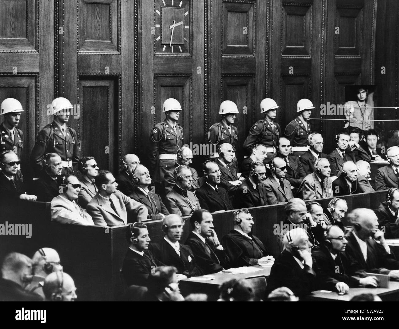Procès de Nuremberg, (première rangée) Hermann Goering, Rudolf Hess, Joachim von Ribbentrop, Wilhelm Keitel, Ernest Kaltenbrunner, Banque D'Images