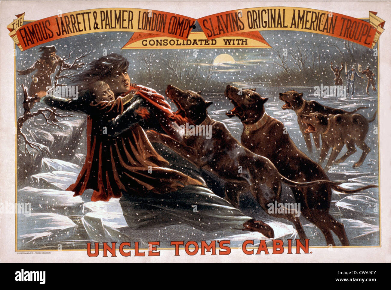 Affiche pour une production théâtrale de 1881 Harriett Beecher Stowe's, Uncle Tom's Cabin montrant Eliza s'échapper sur la glace Banque D'Images