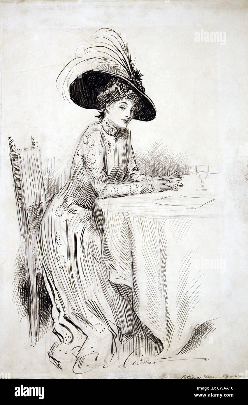 1910 dessin de Charles Dana Gibson (1867-1944), "Patience", montre une Gibson girl seule à la table. Banque D'Images