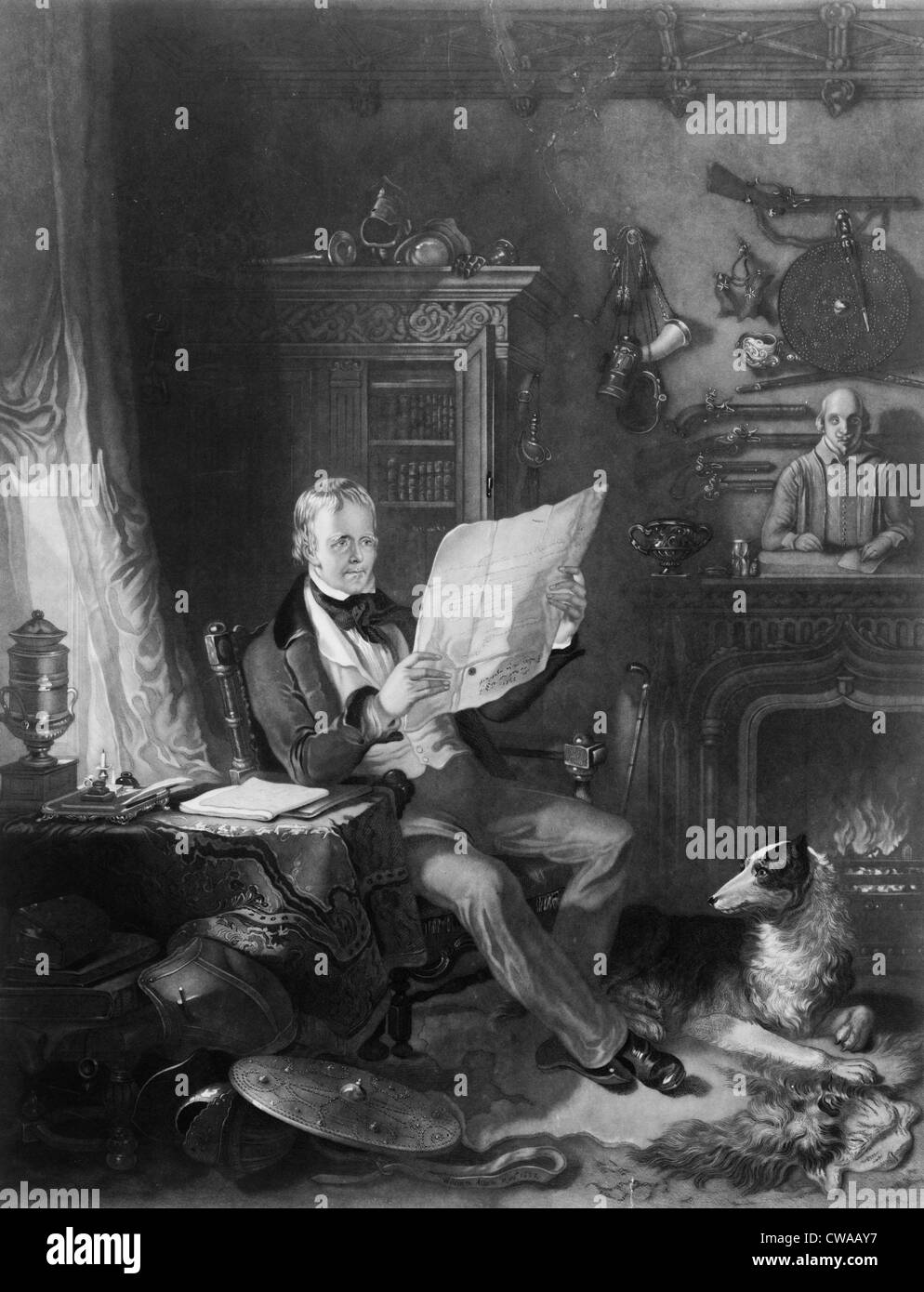 Sir Walter Scott (1771-1832), écrivain écossais dans son bureau à Abbotsford, entourée d'armes historiques, des portraits, et Banque D'Images