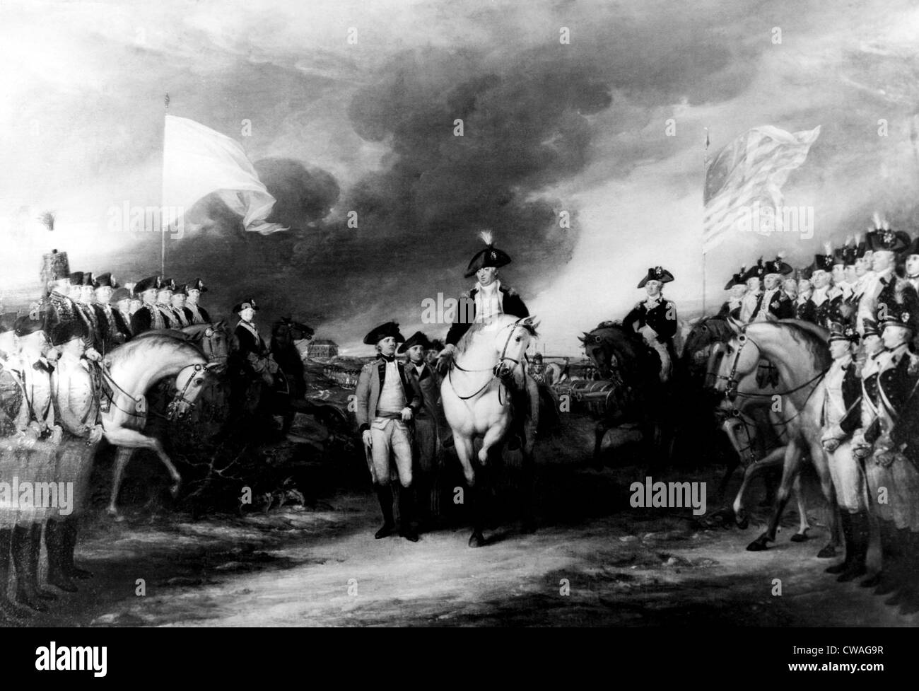 Le général George Washington (centre), représenté dans la reddition de Cornwallis à Yorktown, en 1781.. Avec la permission des Archives / CSU : Banque D'Images