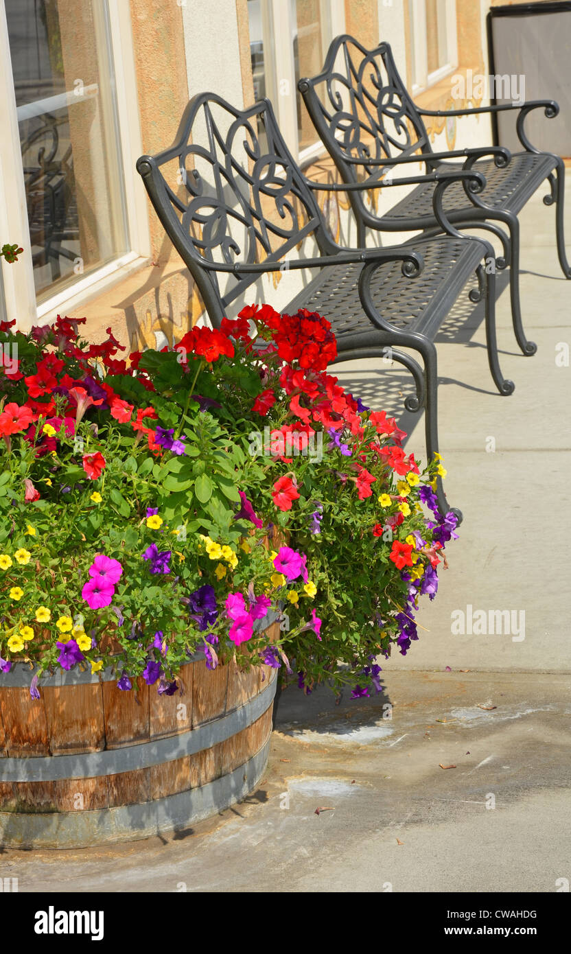 Black metal fer bancs de jardin sur terrasse avec semoir de fleurs Banque D'Images