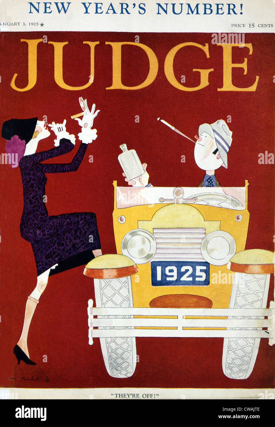 De l'an 1925 couverture de magazine juge incarne les Années folles. Les hommes et les femmes dans les voitures de voyage sans chaperons, Banque D'Images