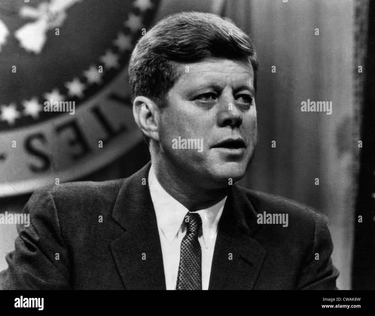 John F. Kennedy, déclare que la proposition soviétique pour la coopération avec les États-Unis dans le domaine de l'exploration spatiale est très encourageant, Banque D'Images