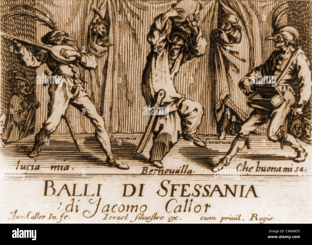 Caractères dans une pièce de théâtre comique au 17e siècle l'Italie napolitaine. À partir d'un livre de gravures, par le graveur français, Banque D'Images