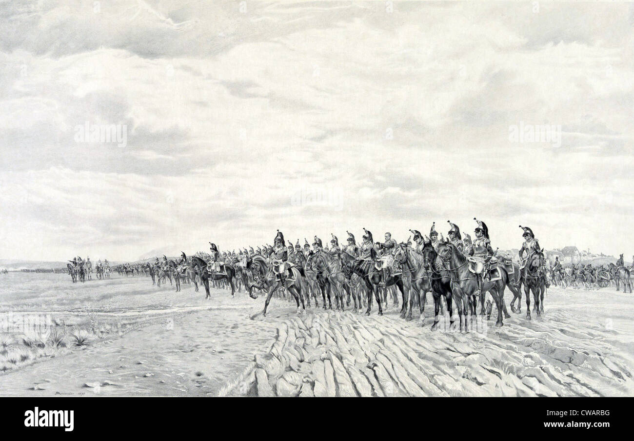 1805 Napoléon à Austerlitz, 1908 par Ernest Meissonier (1815-1891). Une longue ligne de cavalerie française avec de l'artillerie déménagement derrière Banque D'Images