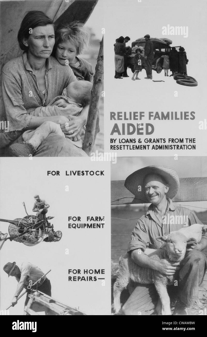 Réinstallation des États-Unis fait la promotion de ses affiches d'administration des services de secours aux agriculteurs utilisant Dorothea Lange's classic Banque D'Images