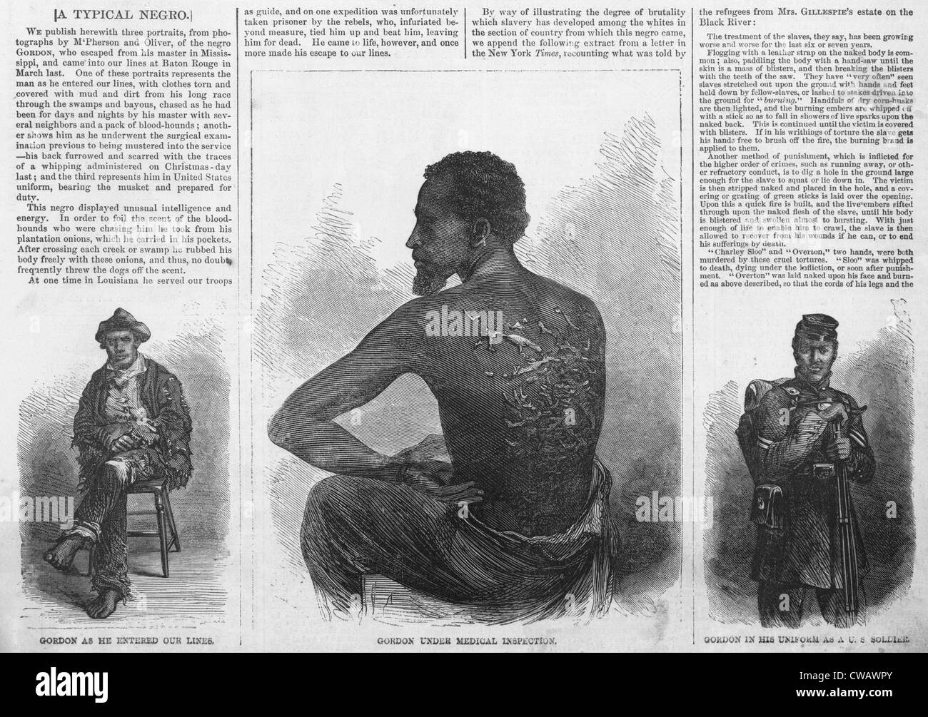 Un esclave en fuite du nom de Gordon était entré dans l'Union des lignes de l'armée à Bâton Rouge, Louisiane, dans ses vêtements en lambeaux Banque D'Images