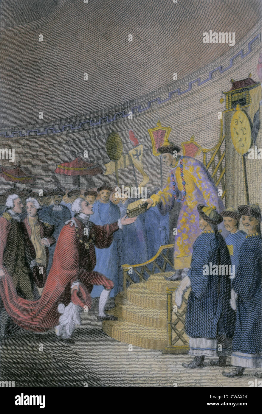 L'ambassadeur britannique, George, 1er comte Macartney, rend hommage avec le genou fléchi devant l'empereur Qianlong de la Chine en 1793. Banque D'Images