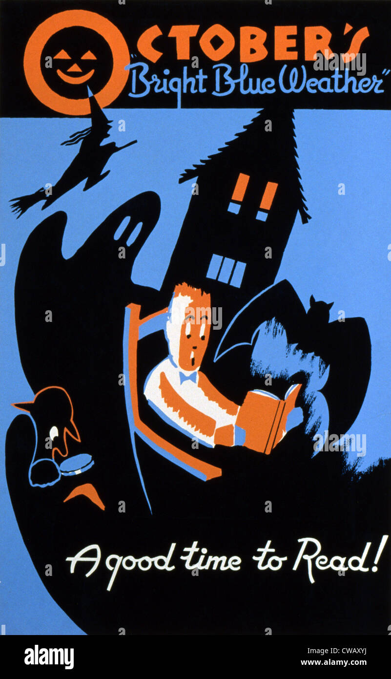 Halloween, pour favoriser la lecture de l'affiche, le texte se lit comme suit : 'Octobre bleu vif du temps, un bon moment pour lire !', vers 1950. Banque D'Images