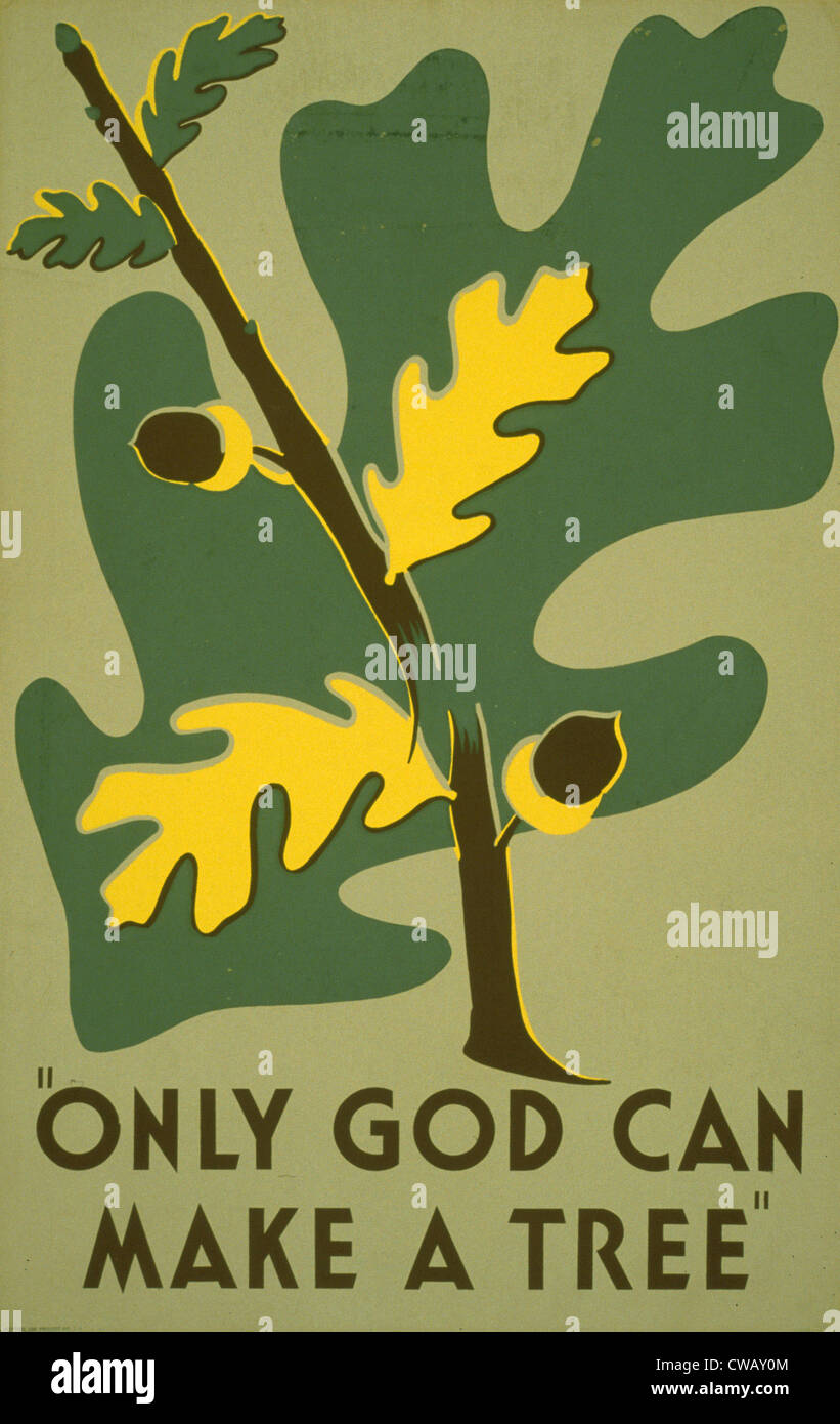 Affiche annonçant les arbres comme une ressource naturelle, le texte dit : "Seul Dieu peut faire un arbre', Works Progress Administration, par Stanley Banque D'Images