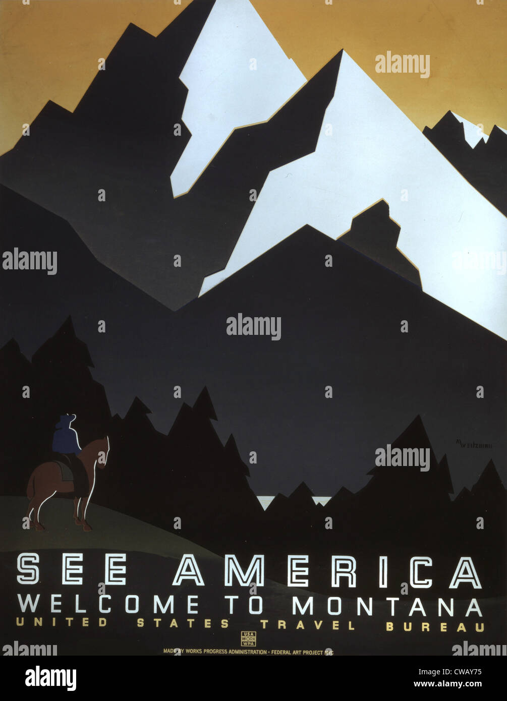 Affiche pour le Montana, le texte se lit comme suit : "l'Amérique, Bienvenue à Montana, United States Travel Bureau, Works Progress Administration Banque D'Images