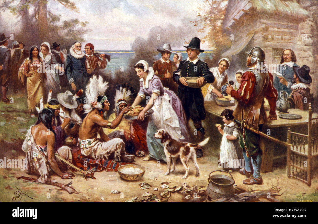 Le premier Thanksgiving, 1621, les pèlerins et les autochtones se réunissent pour partager un repas, peinture à l'huile par Jean Louis Gerome Ferris, 1932. Banque D'Images