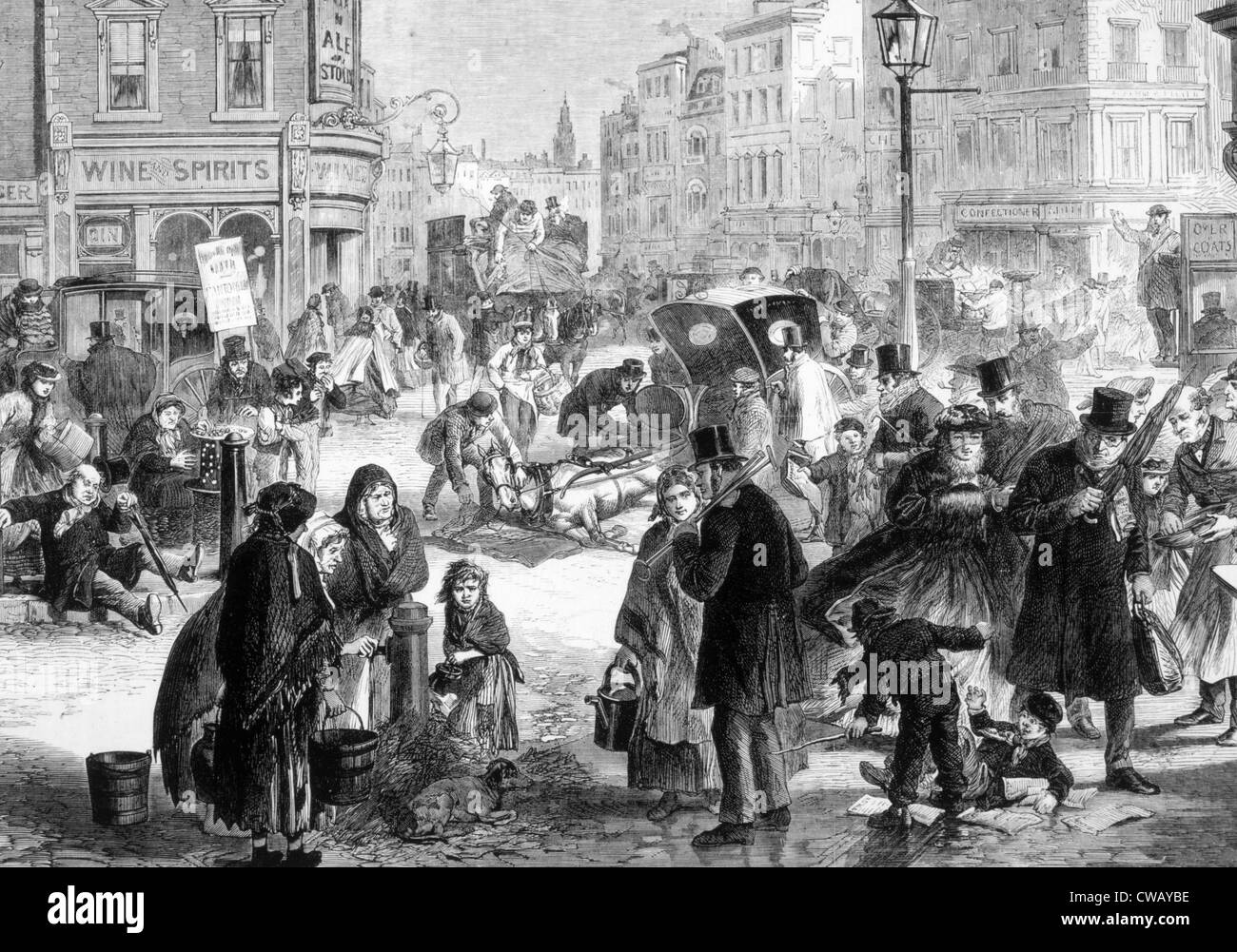 Gel dur sur les rues de Londres, gravure de 'l'Illustrated London News, 1865. Banque D'Images