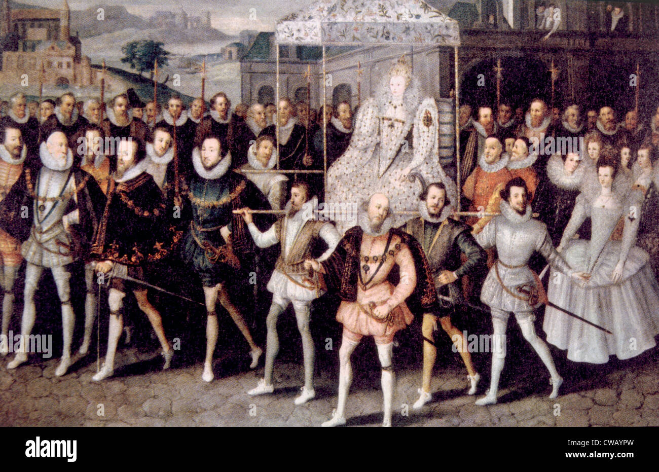 La reine Elizabeth I, Maalouf (), reine d'Angleterre 1558-1603, porté par ses courtisans. Banque D'Images