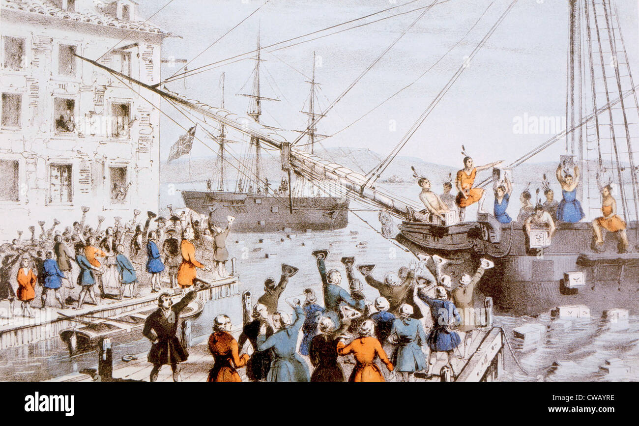 Le Boston Tea Party, 1773, lithographie par Nathaniel Currier, 1846 Banque D'Images