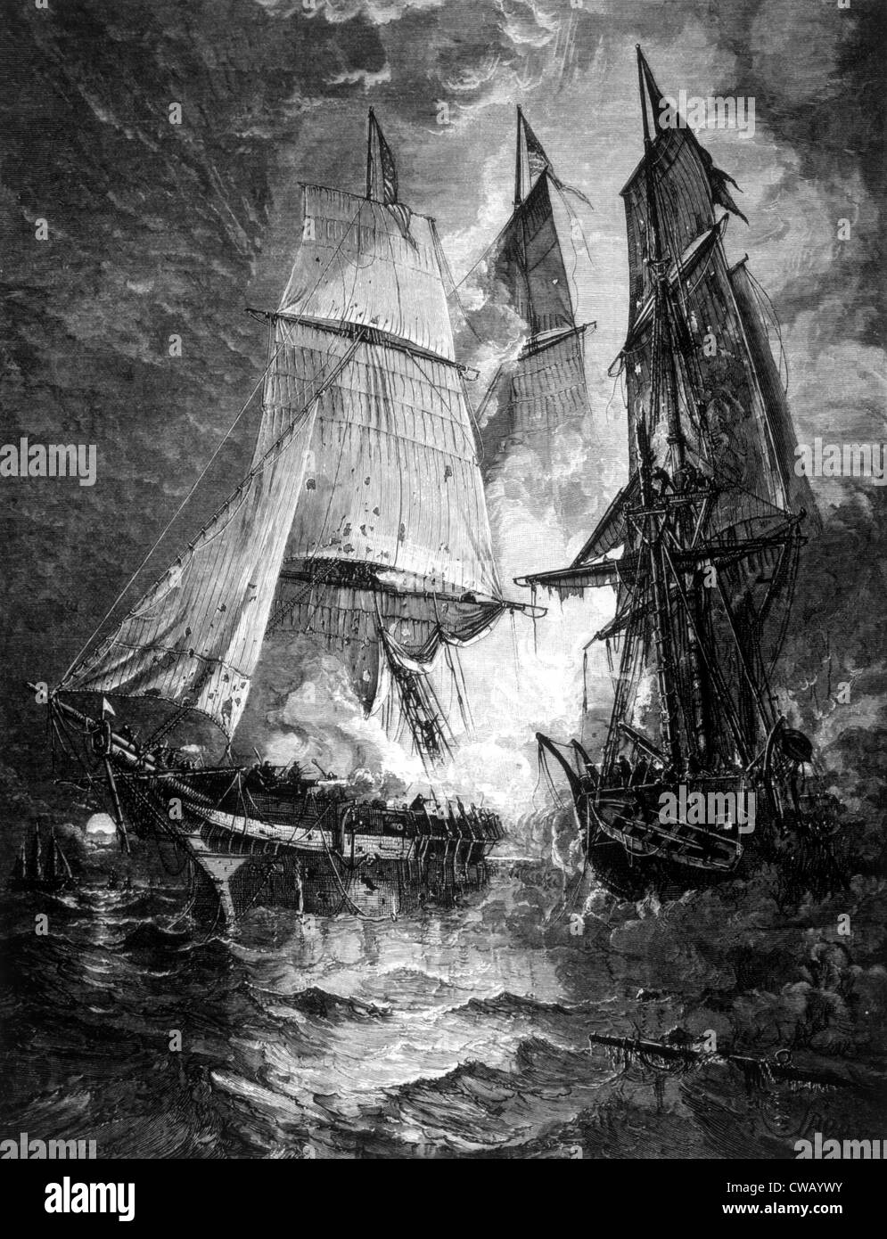 Bataille entre le capitaine John Paul Jones ship Bon Homme Richard et la frégate britannique Sérapis, le 23 septembre 1779, gravure Banque D'Images