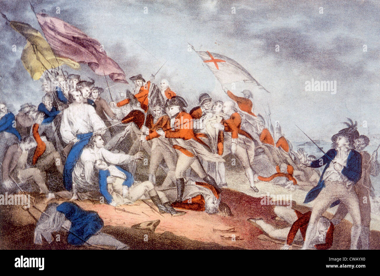 La Bataille de Bunker Hill, le 17 juin 1775, 17 juin, 1775, lithographie par Nathaniel Currier après peinture par J. Trumbull Banque D'Images